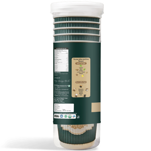 TAVASYAM Ready to Sip Tulsi Flavour Green Tea Cup - Vegan, Gluten Free & Sugar Free - Pre-Filled Tea Cups 200 ml | Tea Cups Set of 12