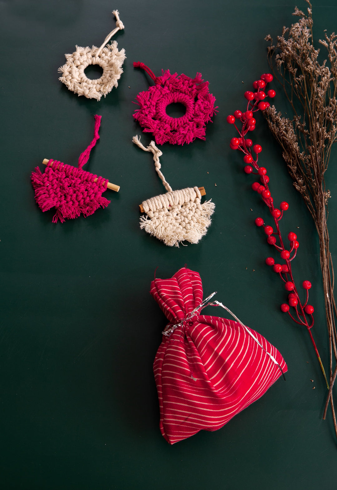 DecoTalk Macrame Christmas Ornaments Set of 4 Color Red and White with FREE Gift Bag