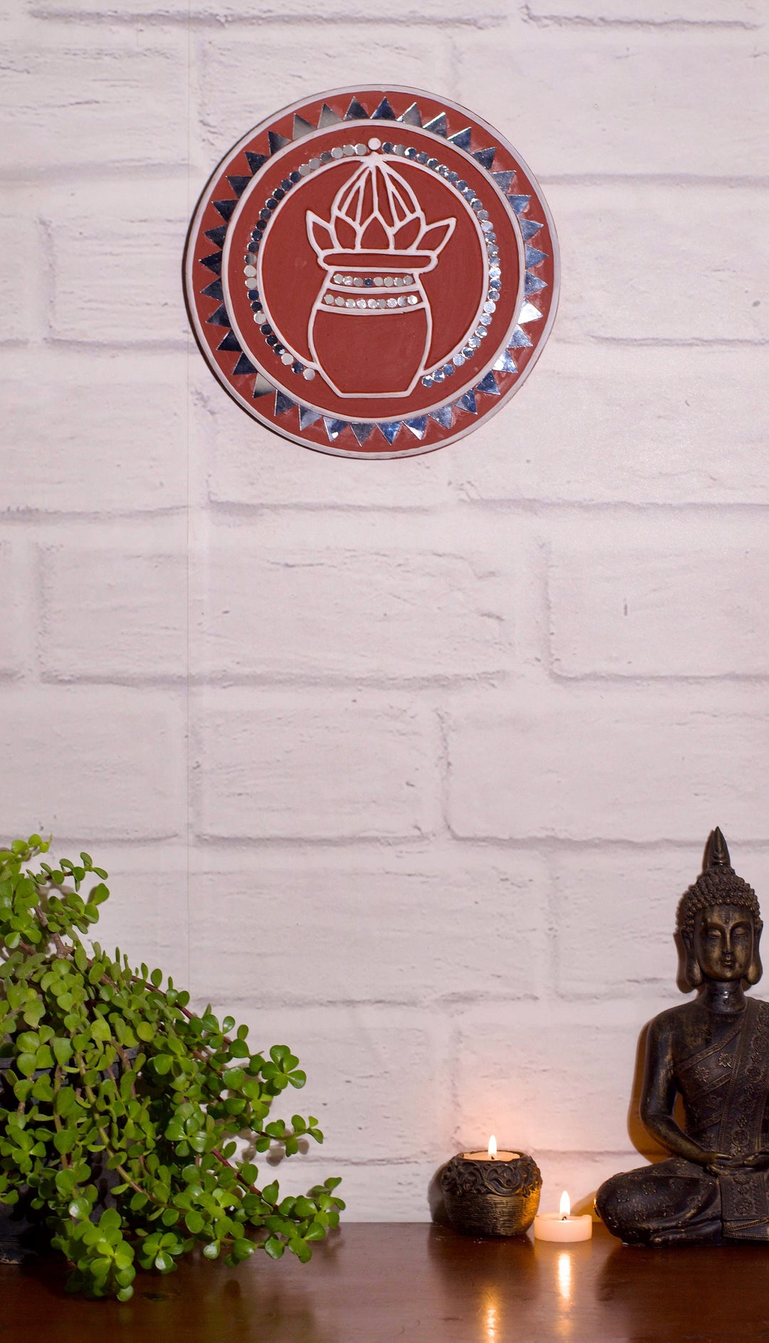 Kutch Lippan Mud Work Kalash 25.4 cm Round Wall Plate - Terracotta