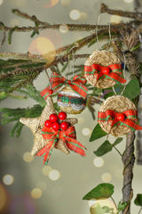 Banana Fibre Christmas Ornaments Assorted Gift Pack Set of  4 (Star+Bauble+ Round Hangings*2) with FREE  Bag