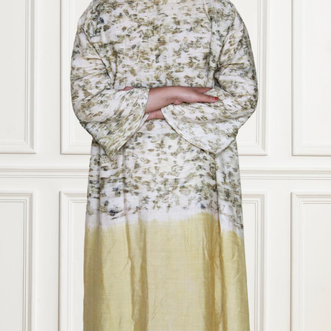 Bageeya “Mogra Sundri ” Natural Dyed Handcrafted Khadi Tussar Cotton Button Down dress | Crafted with Sacred temple Roses and Haldi