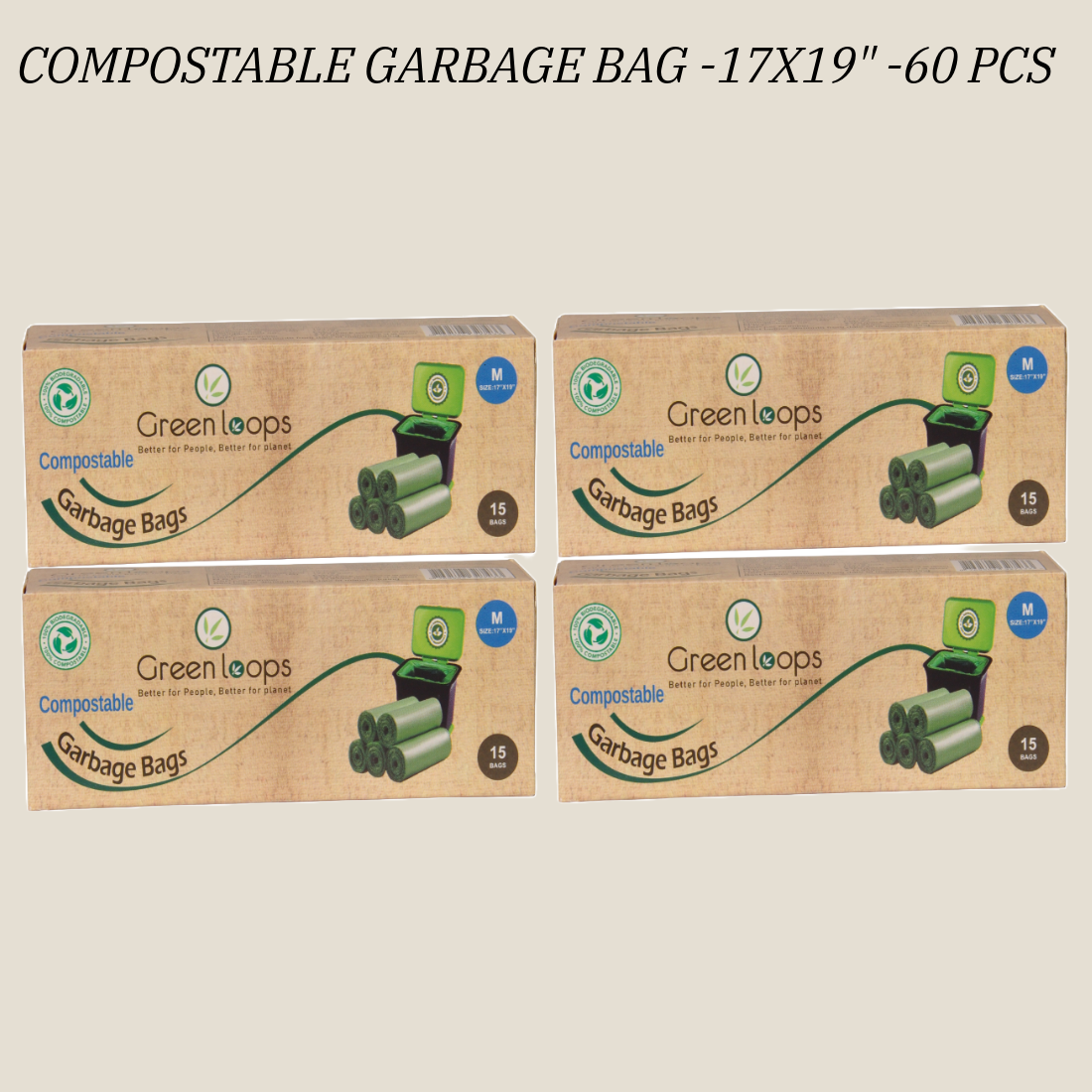 Compostable Garbage Bag Large Size 19"x21" - 60 Bag (Pack of 4 Roll)