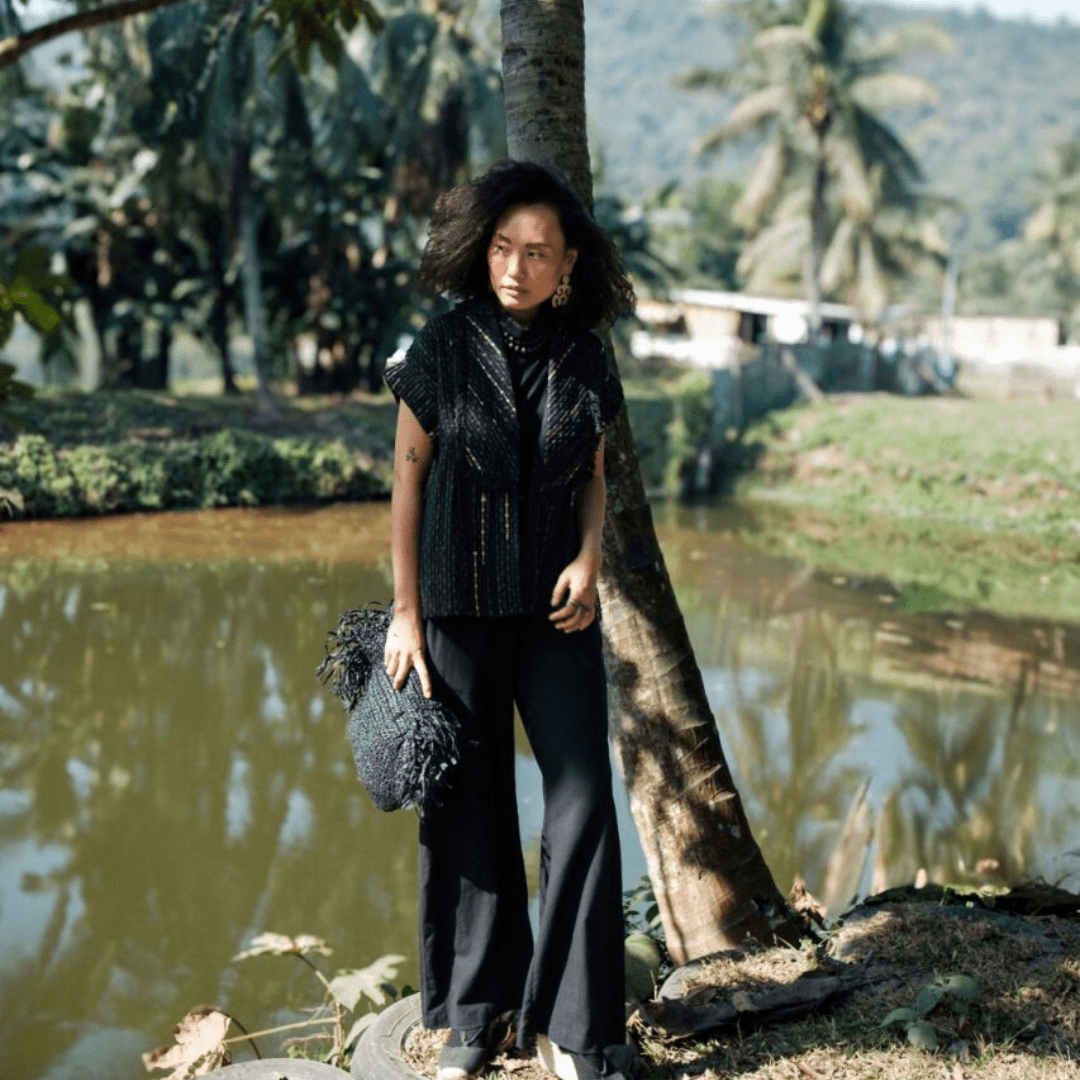 Upcycled Handwoven Berlin shawl collar top - Suspire