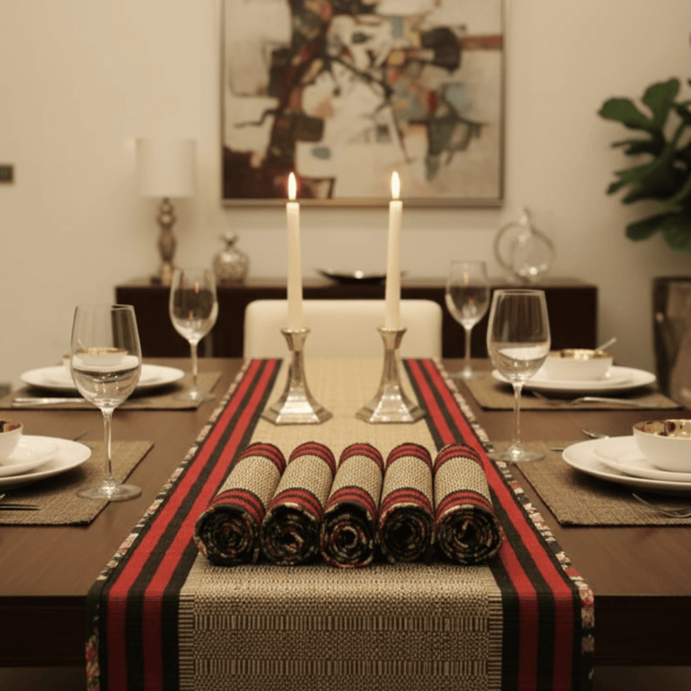 After Wait | Bamboo Table Runner with Placemat - Vintage Floral Edge