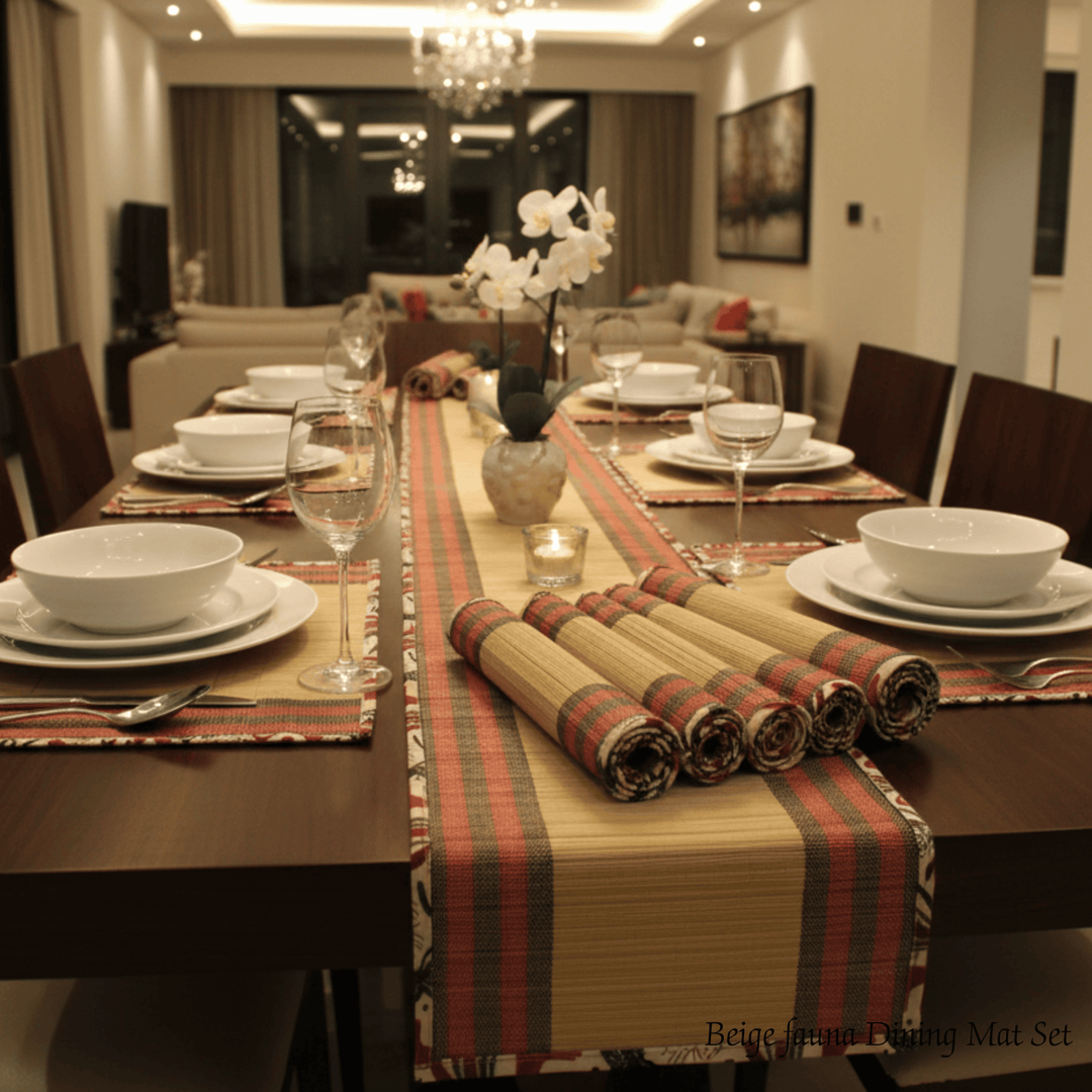 After Wait | Bamboo Table Runner with Placemat - Rustic Elephant Border