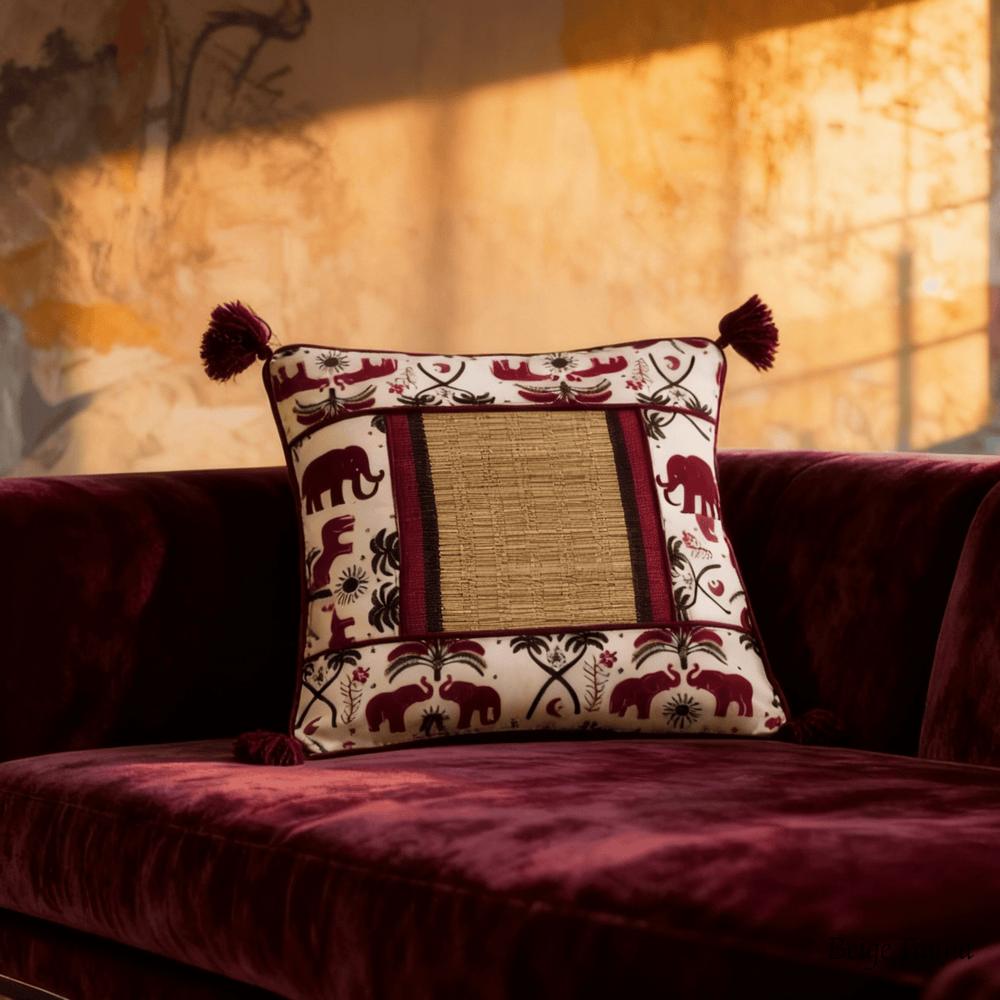 After Wait | Bamboo Cushion Cover – Tribal Elephant Print with Red Funde