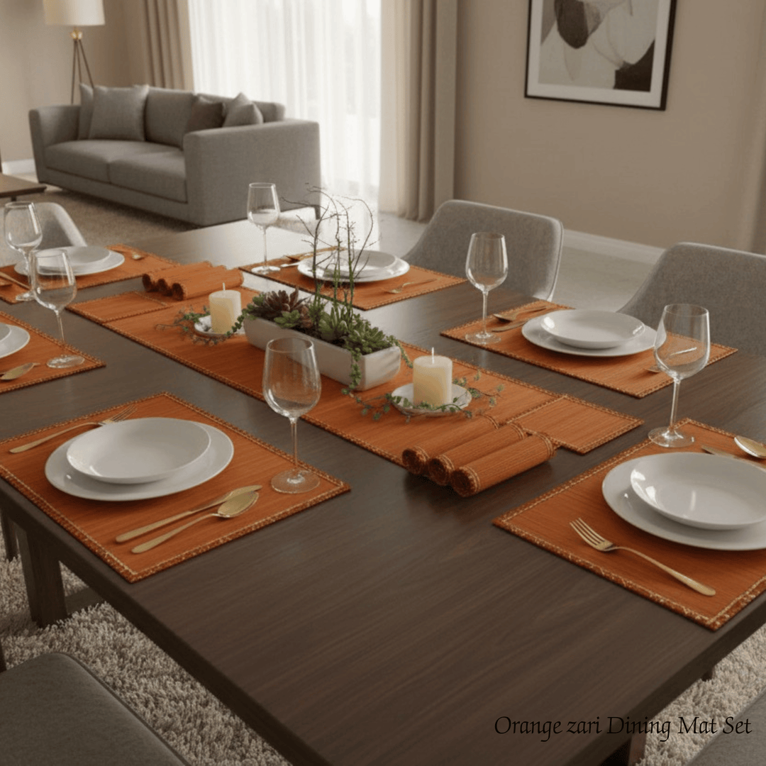 Zari Series | Bamboo Placemats (Set of 6) - Orange with Marigold Zari Accents