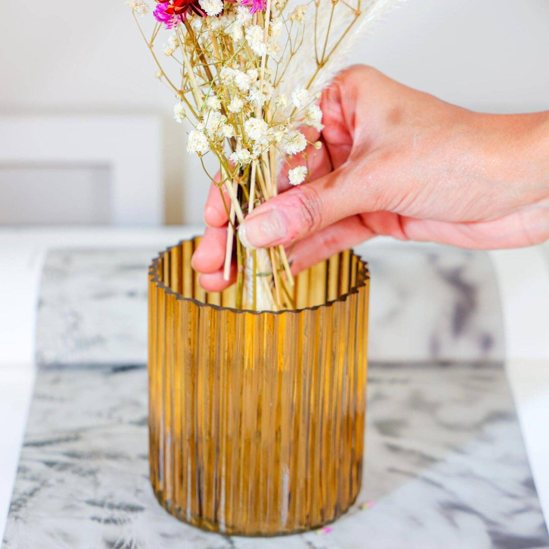 Yellow horizontal vase with Garden bunch - https://artecasa.in/