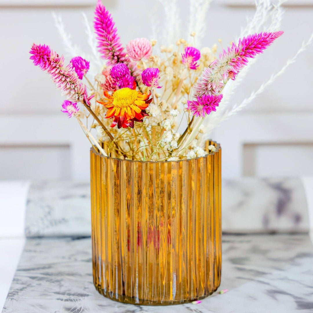 Yellow horizontal vase with Garden bunch - https://artecasa.in/