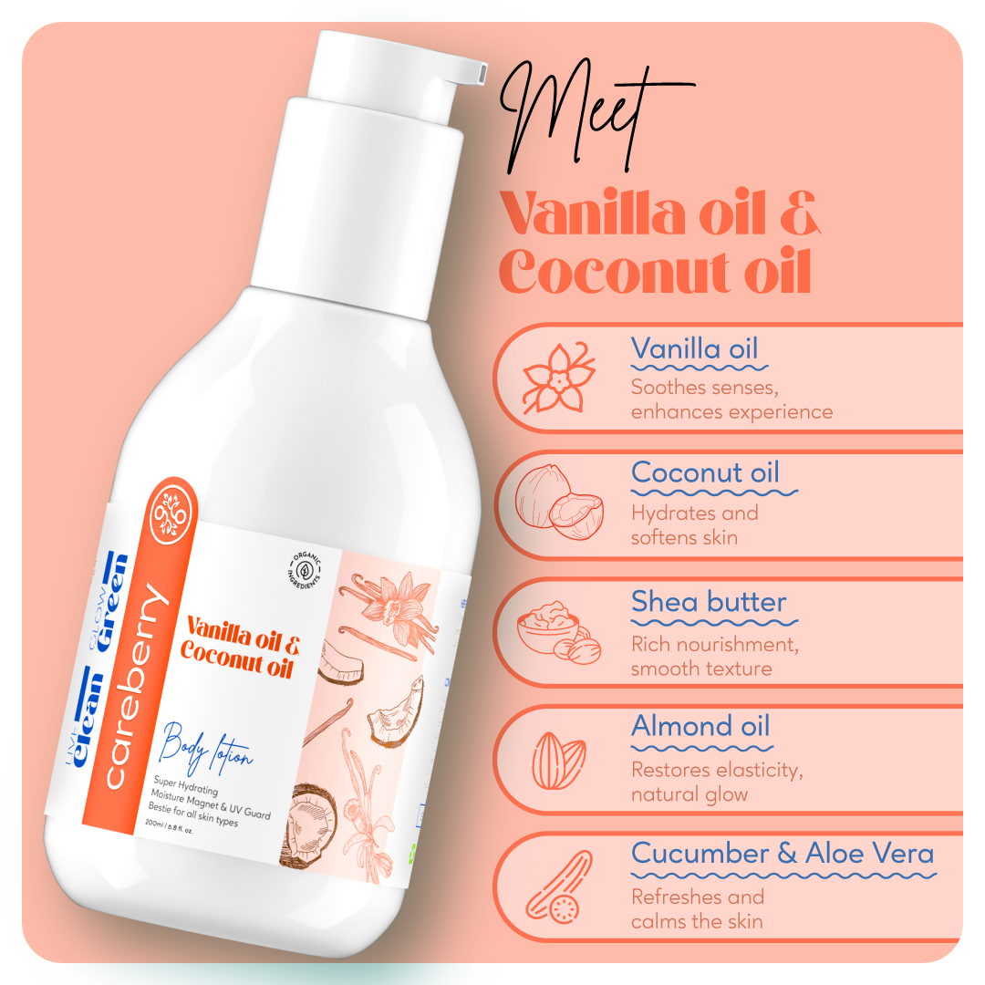 Careberry Vanilla & Extra Virgin Coconut Oil Body Lotion| Ultra Moisture, Fast-Absorbing, Paraben & Silicone Free 200ml