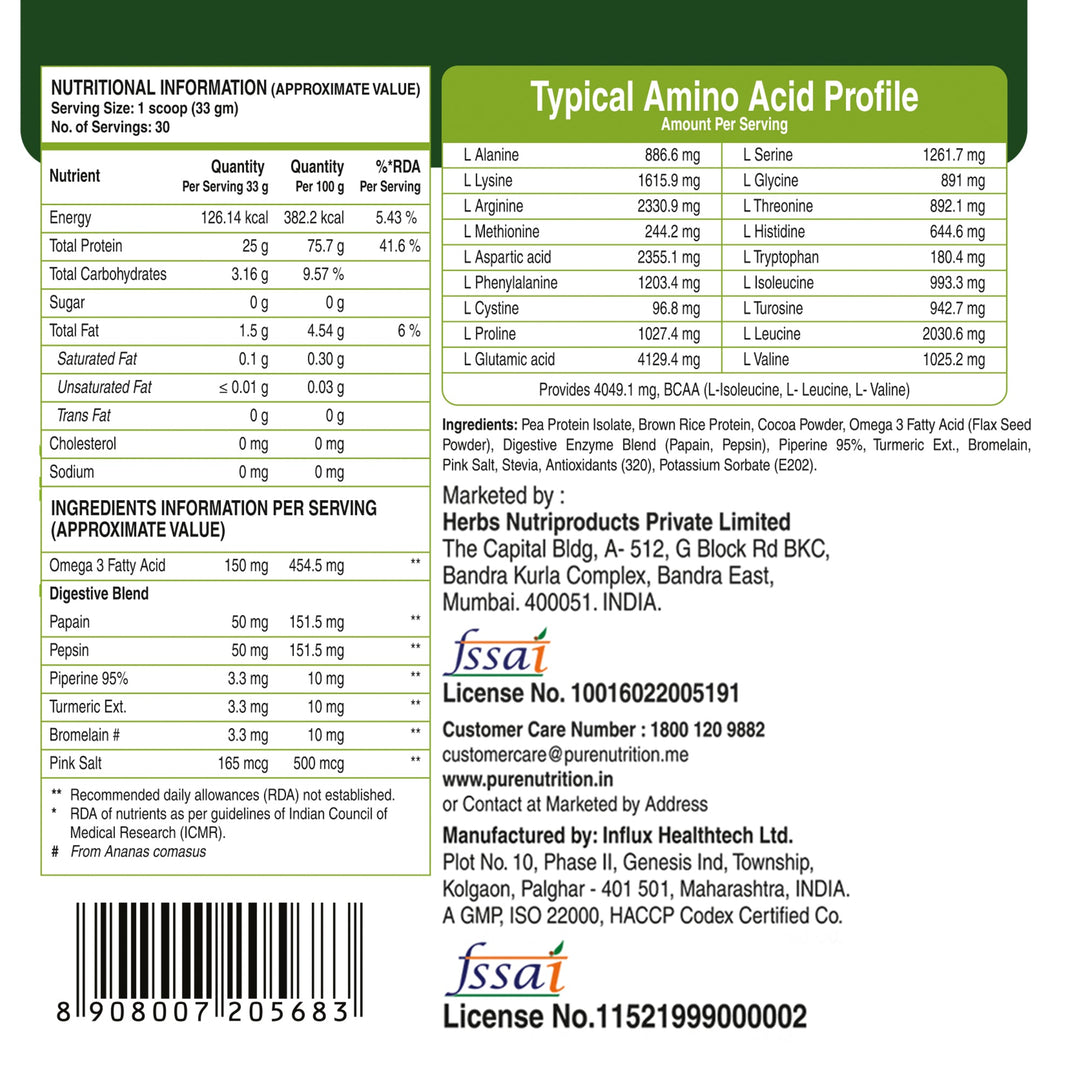 Plant-Based Vegan Protein Powder Chocolate 1kg | BCAAs & Digestive Enzymes