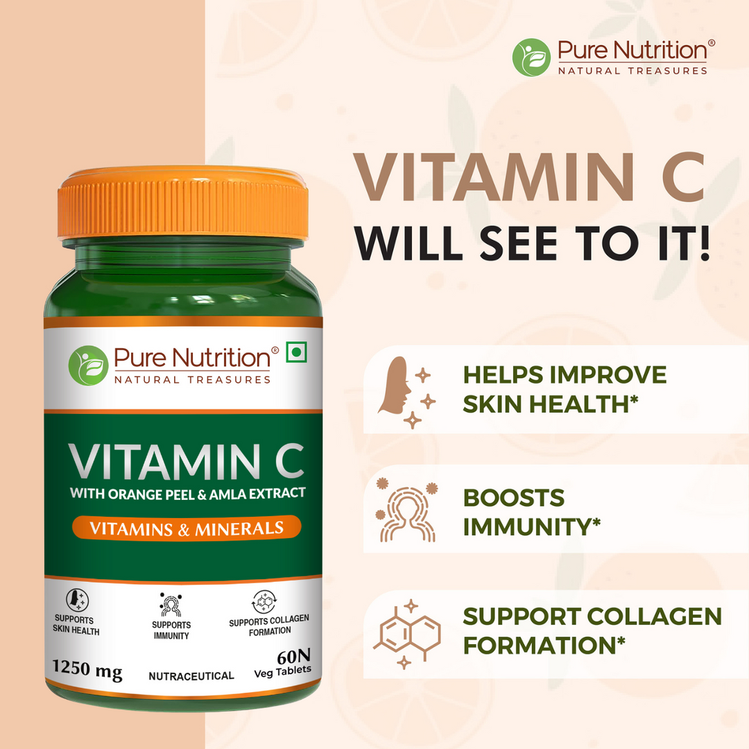 Vitamin C 1250mg -60 tablets with Orange Peel & Amla Extract for Skin & Immunity