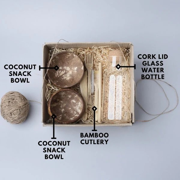 Work From Home Essentials Eco Friendly Gift | Bamboo Cutlery | Coconut Bowls | Cork Water Bottle