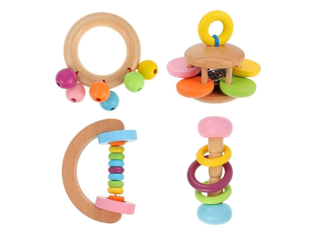 Wudly - Wooden Baby Rattles Teeth Wooden Music Instrument Shaker Set Toy for 12+ Months kids, (Pack of 4)(Multi Colors) Eco Friendly & Safe Non Toxic Colors