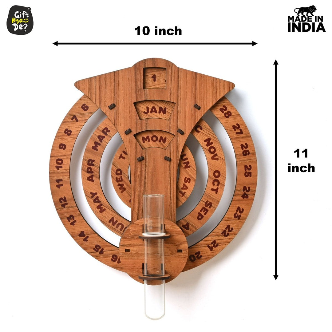 Gift Kya De Infinite Circular Wall Calendar (Dark Wood Theme) | Wood Calendar & Test Tube Planter | New Year Gift