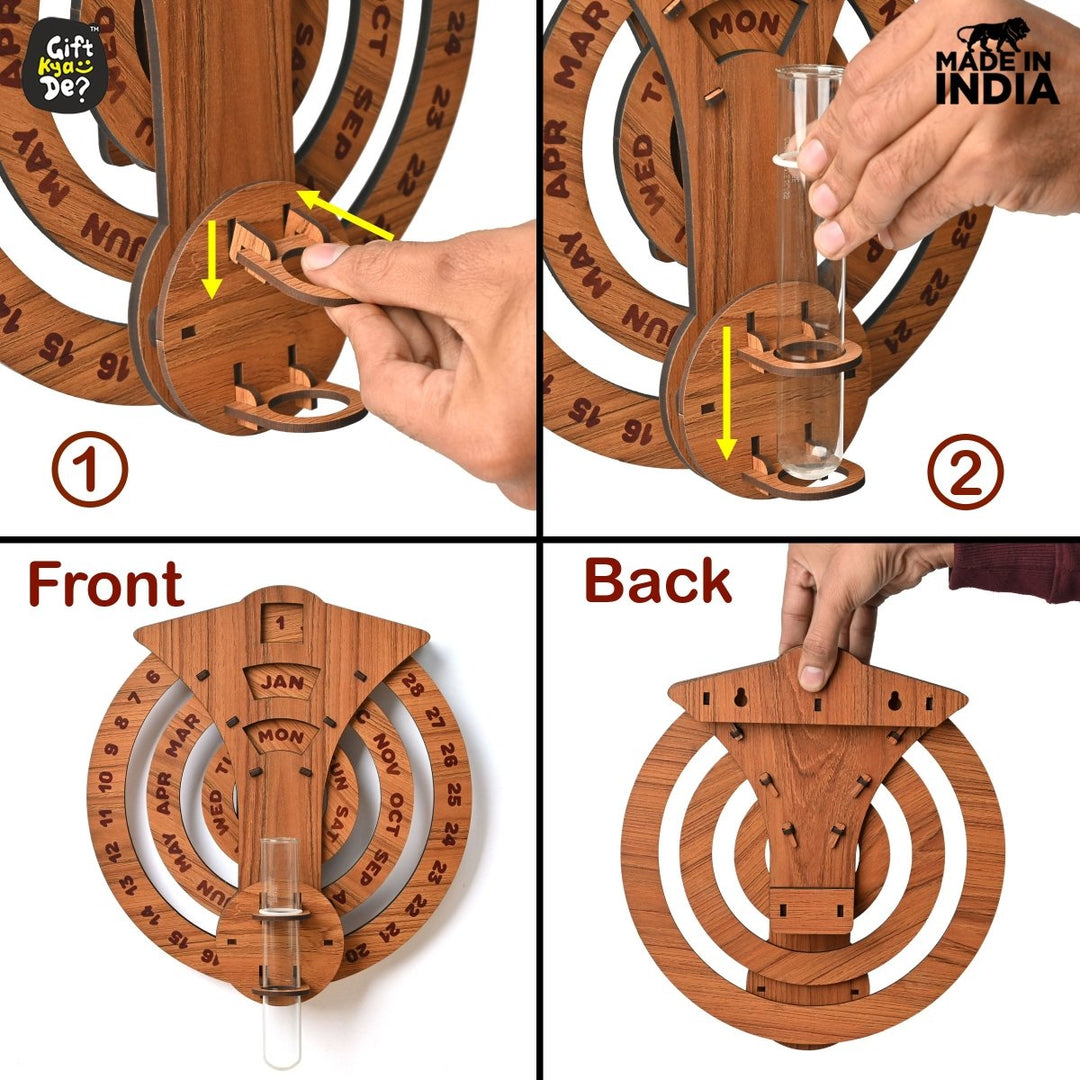 Gift Kya De Infinite Circular Wall Calendar (Dark Wood Theme) | Wood Calendar & Test Tube Planter | New Year Gift