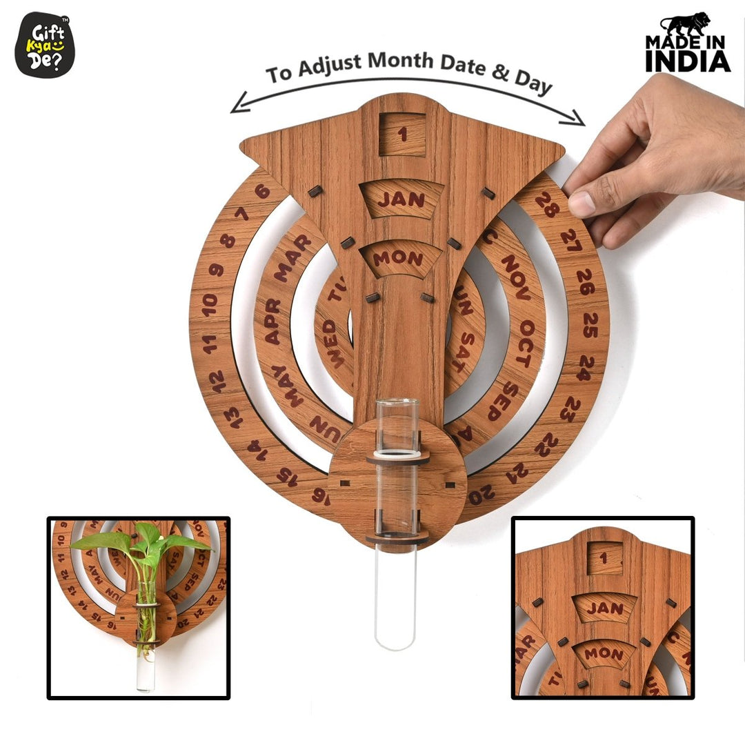 Gift Kya De Infinite Circular Wall Calendar (Dark Wood Theme) | Wood Calendar & Test Tube Planter | New Year Gift