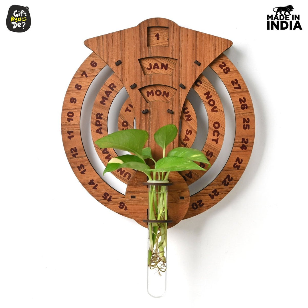Gift Kya De Infinite Circular Wall Calendar (Dark Wood Theme) | Wood Calendar & Test Tube Planter | New Year Gift