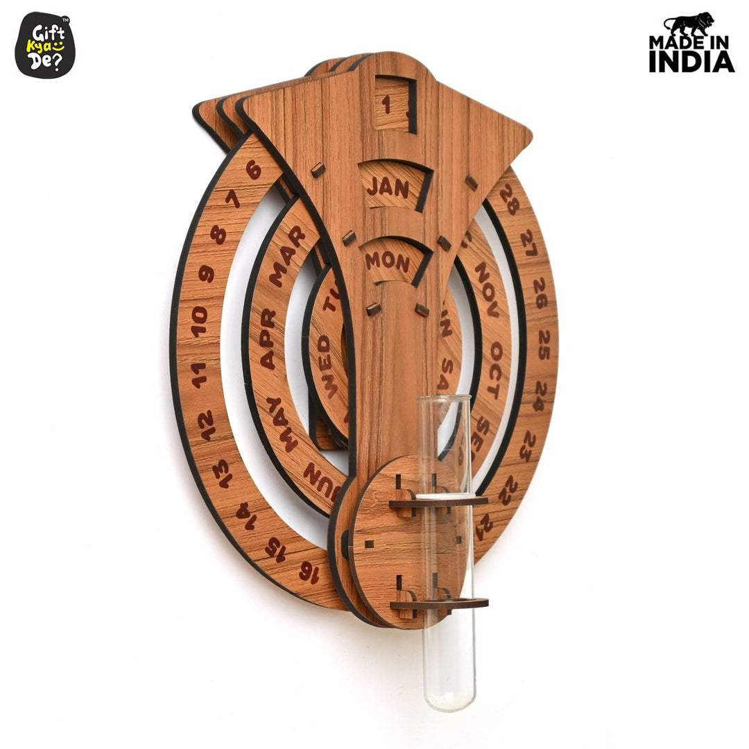 Gift Kya De Infinite Circular Wall Calendar (Dark Wood Theme) | Wood Calendar & Test Tube Planter | New Year Gift