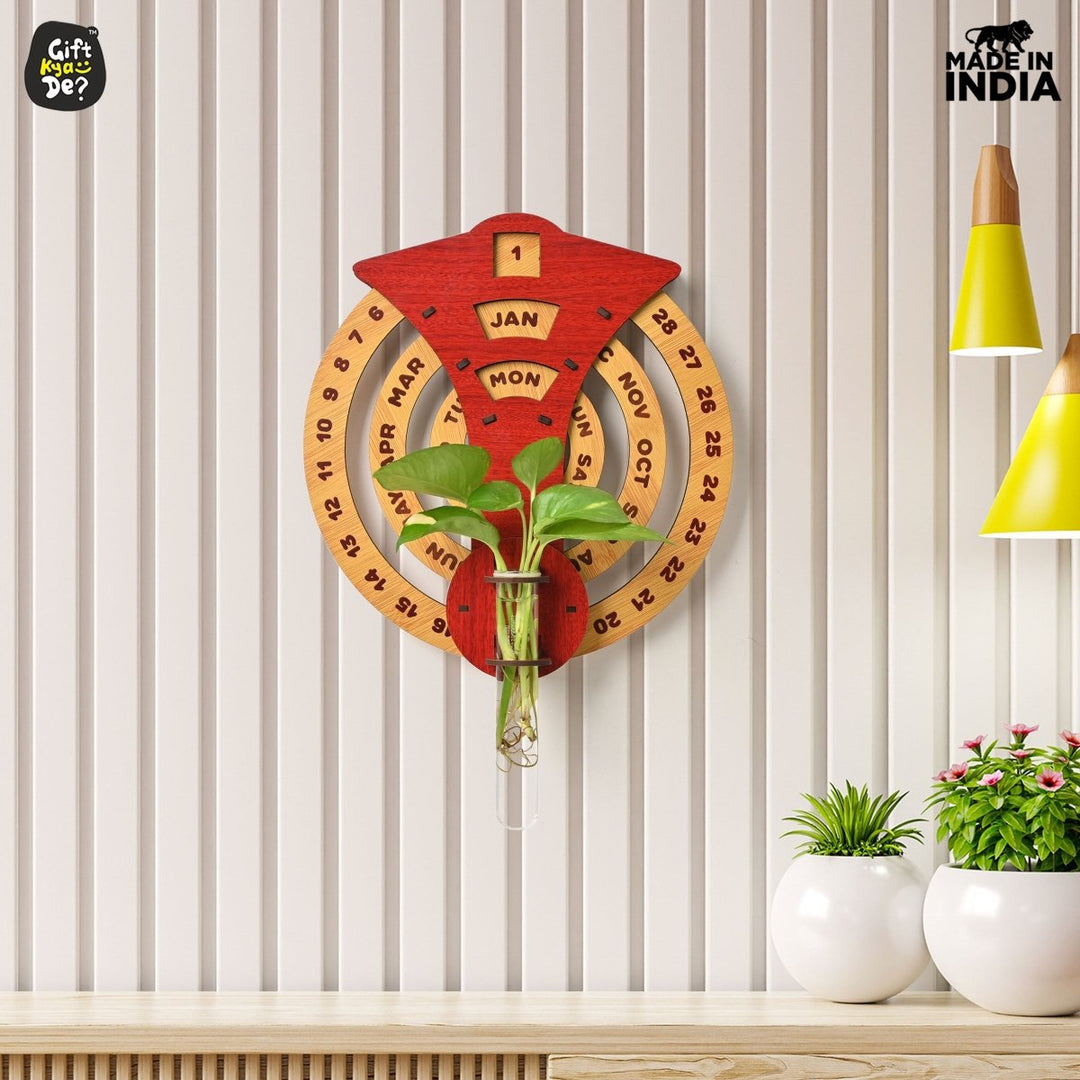 Gift Kya De Infinite Circular Wall Calendar (Red Theme) | Wood Calendar & Test Tube Planter | New Year Gift