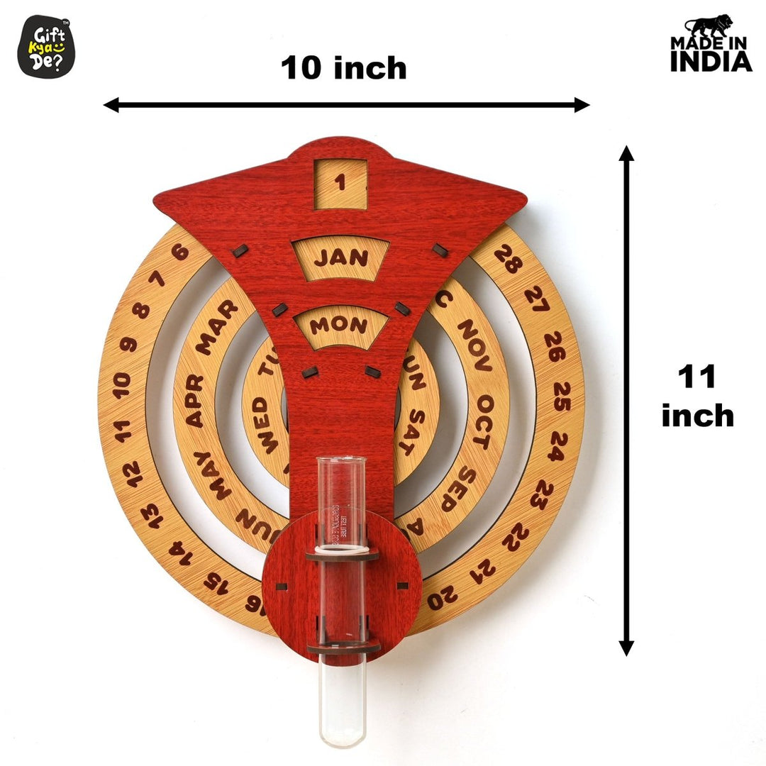 Gift Kya De Infinite Circular Wall Calendar (Red Theme) | Wood Calendar & Test Tube Planter | New Year Gift
