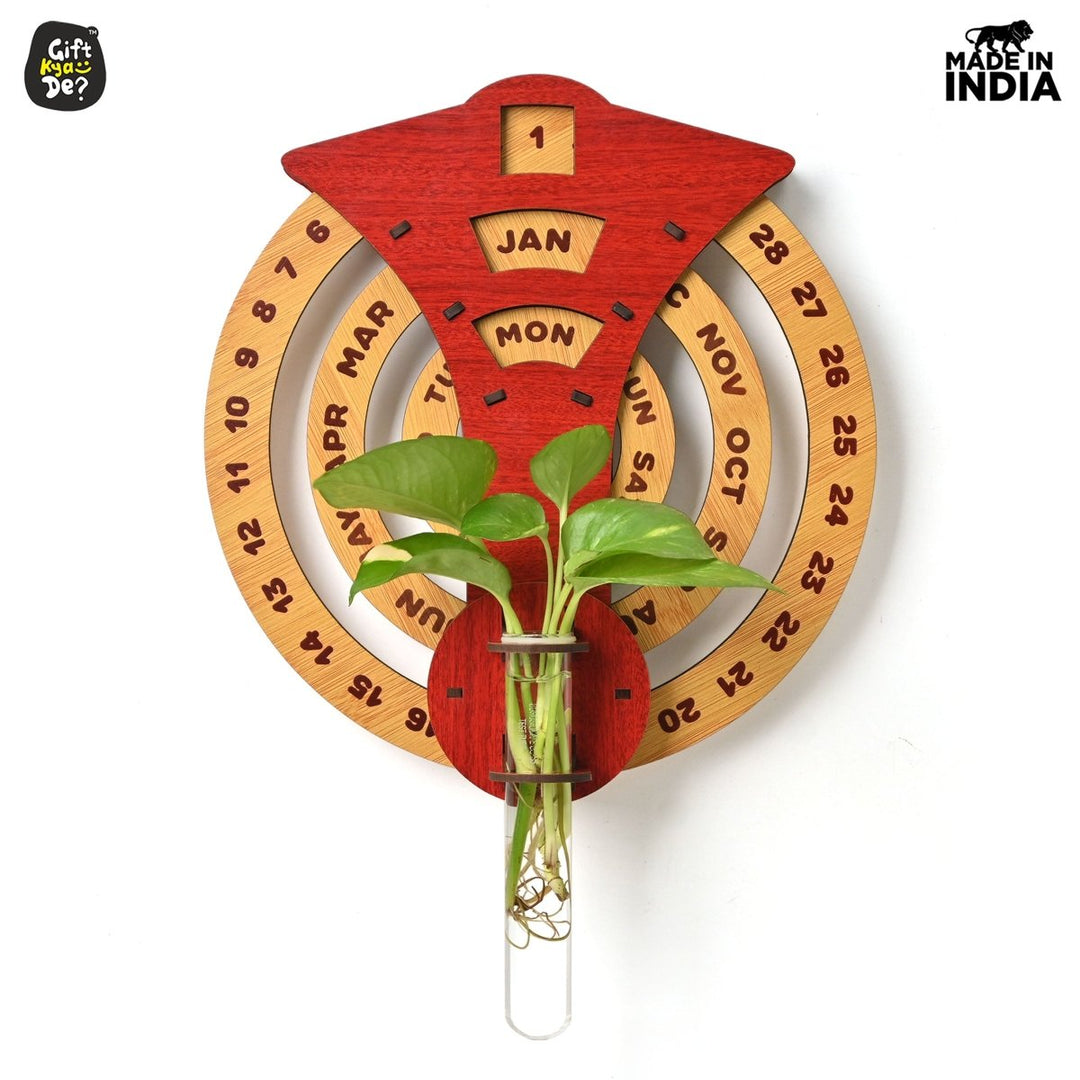 Gift Kya De Infinite Circular Wall Calendar (Red Theme) | Wood Calendar & Test Tube Planter | New Year Gift
