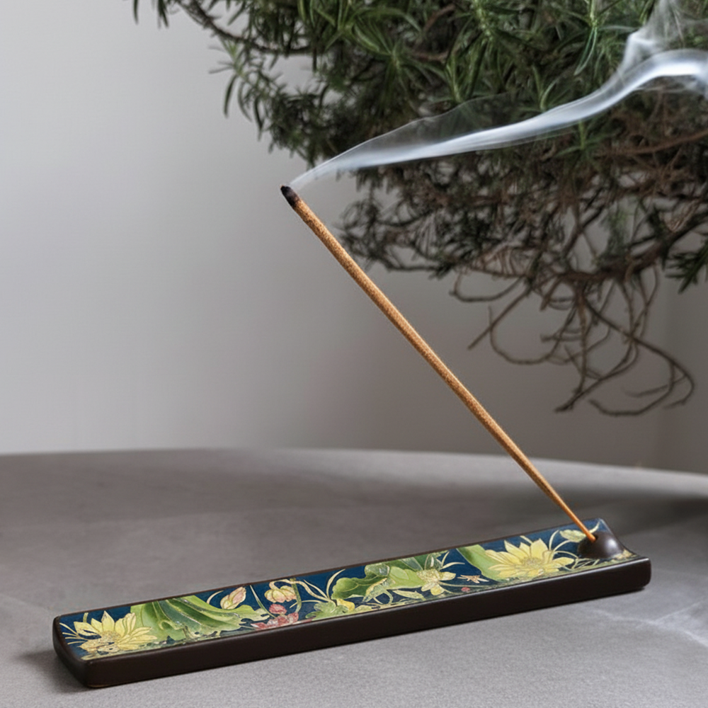 Kheoni Incense Holder Agarbatti Stand (Wooden Ceramic Floral Design)