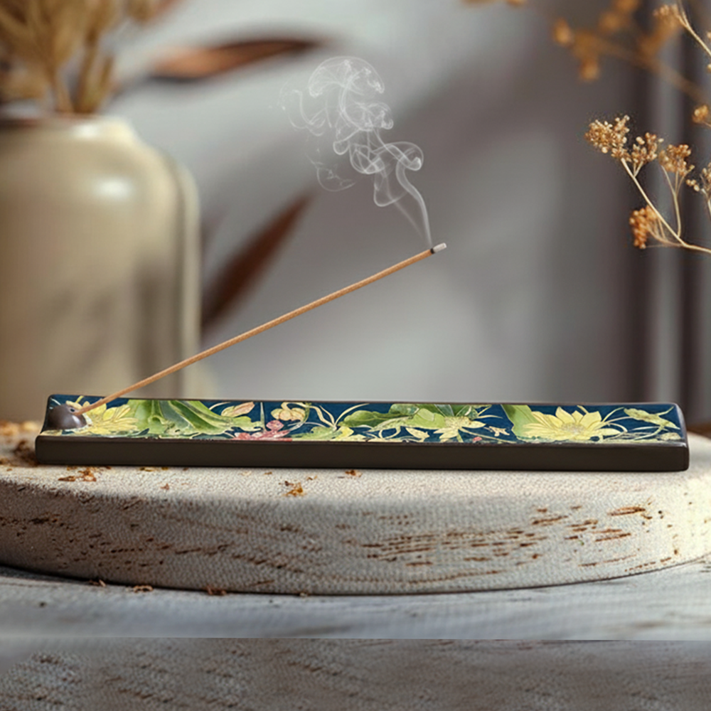 KHEONI Incense Holder Agarbatti Stand (Wooden Ceramic Floral Design)