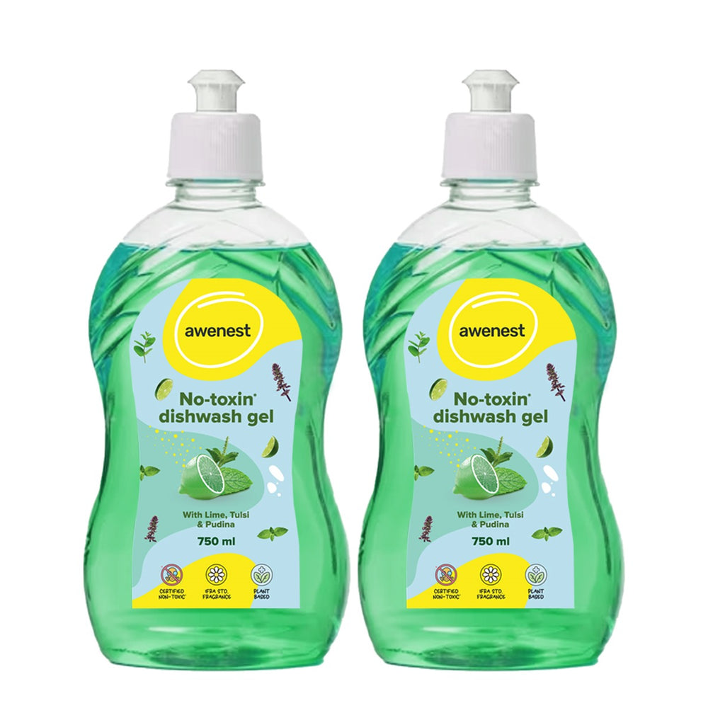 Awenest Dishwash Liquid Gel | Lime, Tulsi & Pudina, Plant-Based | 2 x 750ml