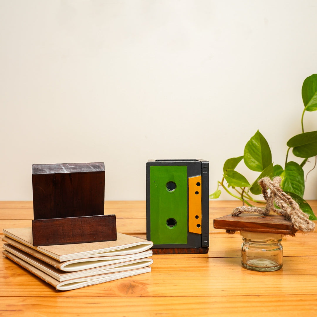 Green My Desk Gift Hamper | Upcycled Penstand | Pack of 4 Notepads | Hanging Indoor Planter | Office Mobile Holder| Sustainably Handcrafted