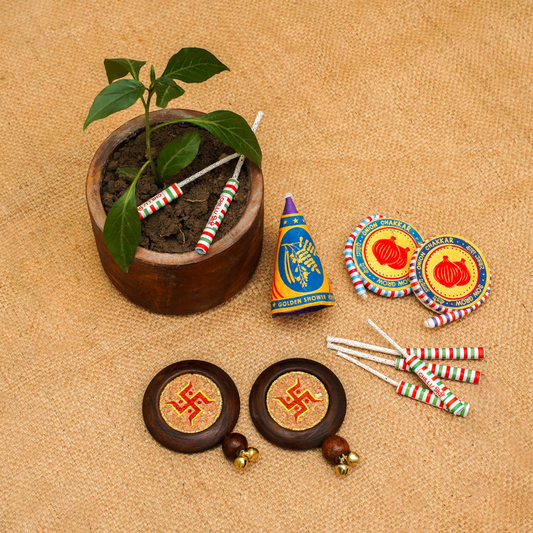 Corporate Diwali Gift Hamper | Swastik  Door Hanging Set | Plantable Crackers Pack | Wooden Planter | Handcrafted in Banaras