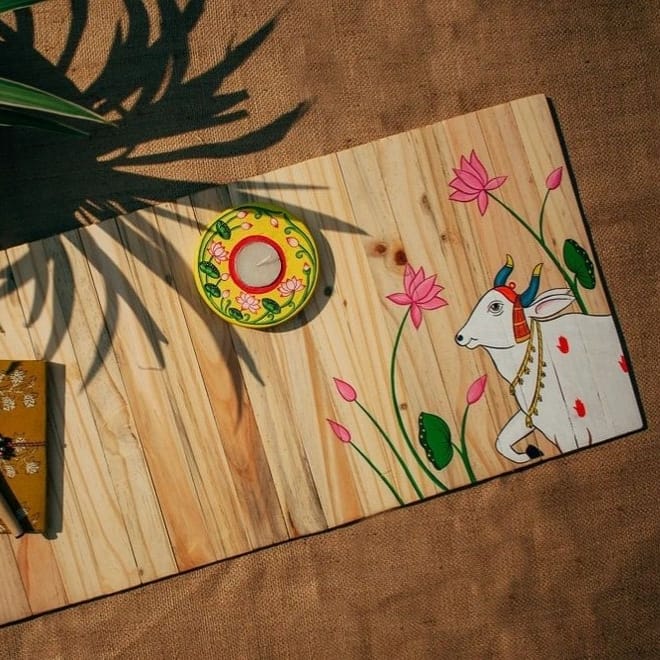 Pichwai Housewarming Gift Hamper | Pichwai Runner | Pichwai Dining Cutlery Holder | Pichwai Tea Light Holder | Scrapshala