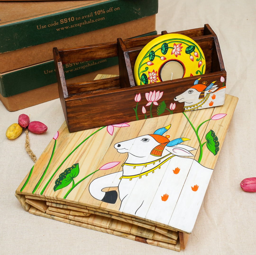 Pichwai Housewarming Gift Hamper | Pichwai Runner | Pichwai Dining Cutlery Holder | Pichwai Tea Light Holder | Scrapshala