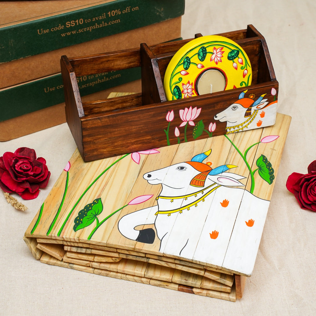 Pichwai Housewarming Gift Hamper | Pichwai Runner | Pichwai Dining Cutlery Holder | Pichwai Tea Light Holder | Scrapshala