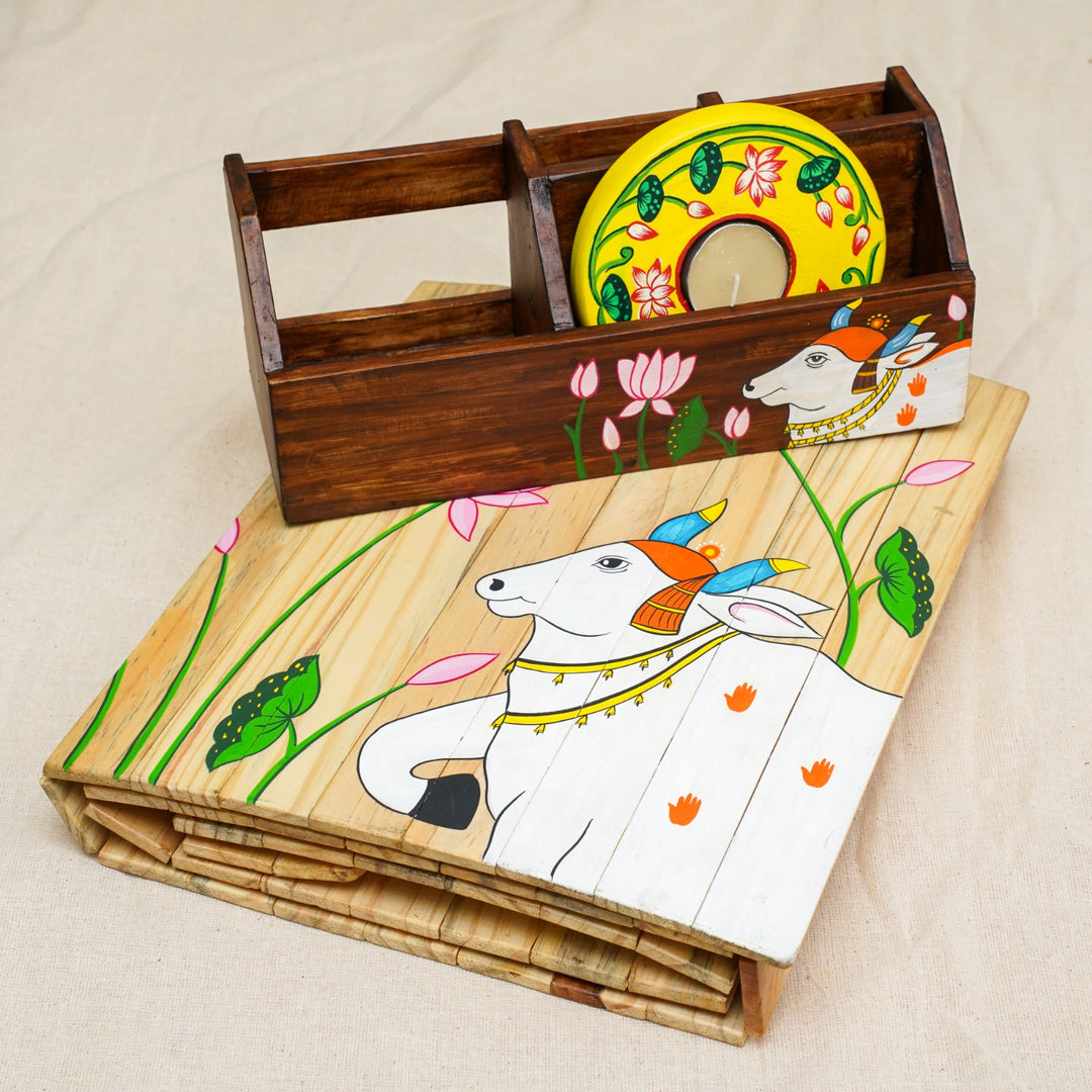 Pichwai Housewarming Gift Hamper | Pichwai Runner | Pichwai Dining Cutlery Holder | Pichwai Tea Light Holder | Scrapshala