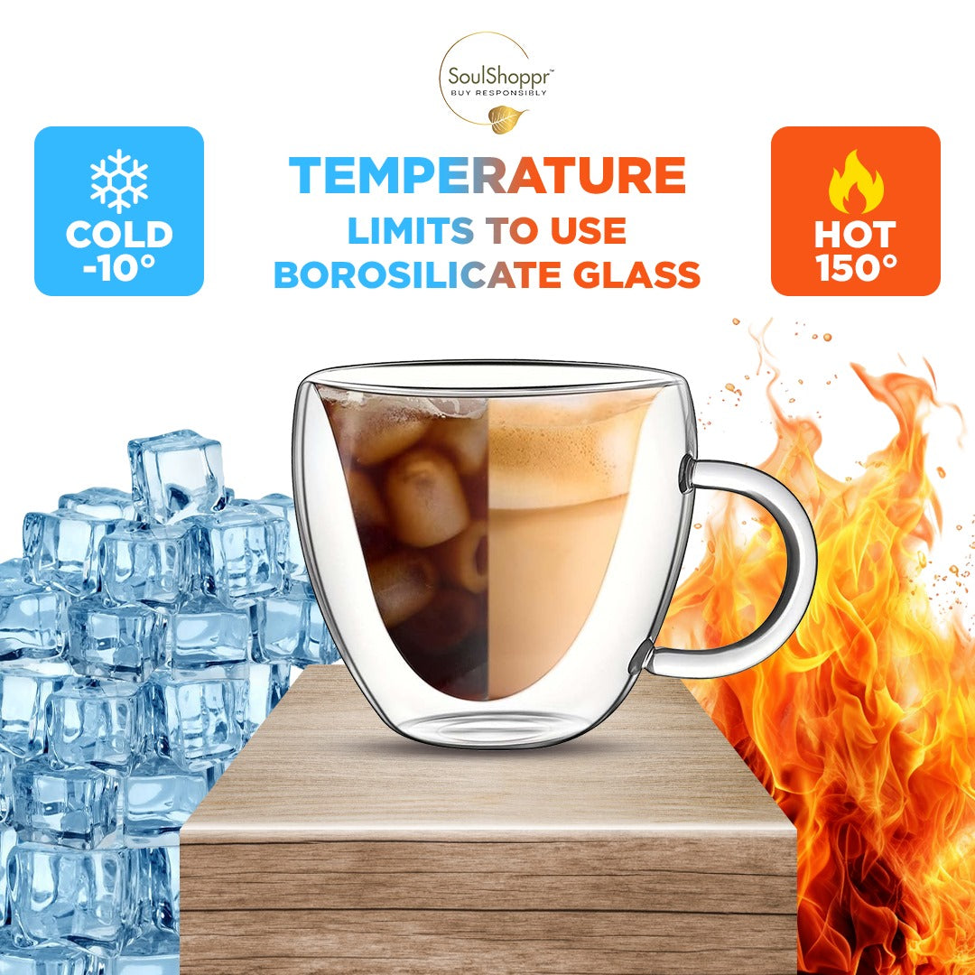 Soul Shoppr (Set of 2) Heart Shaped Double Wall Glass Coffee Mug With Handle, 250ML – Borosilicate Cup for Tea, Chai, Coffee | Romantic Valentine&