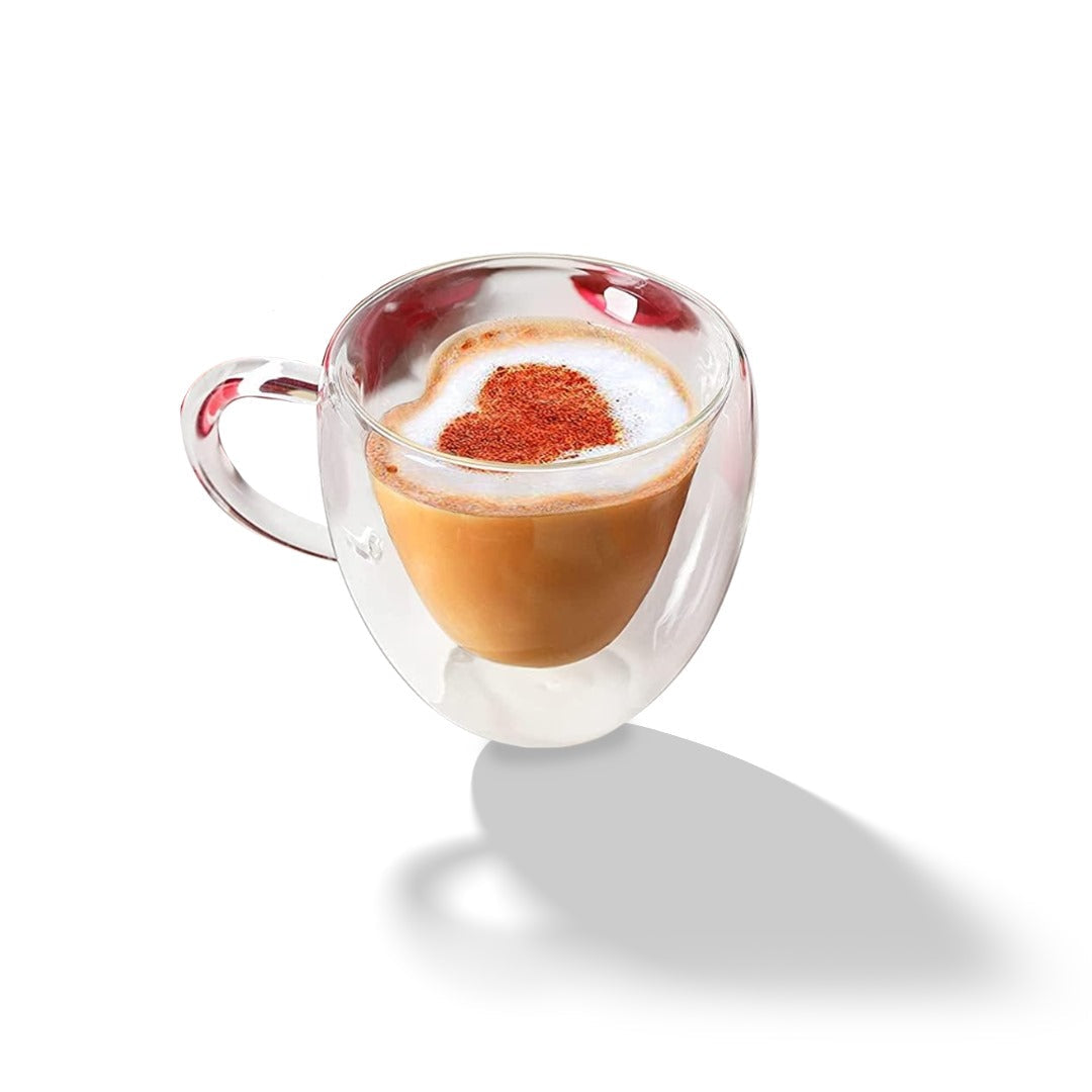 Soul Shoppr (Set of 2) Heart Shaped Double Wall Glass Coffee Mug With Handle, 250ML – Borosilicate Cup for Tea, Chai, Coffee | Romantic Valentine&