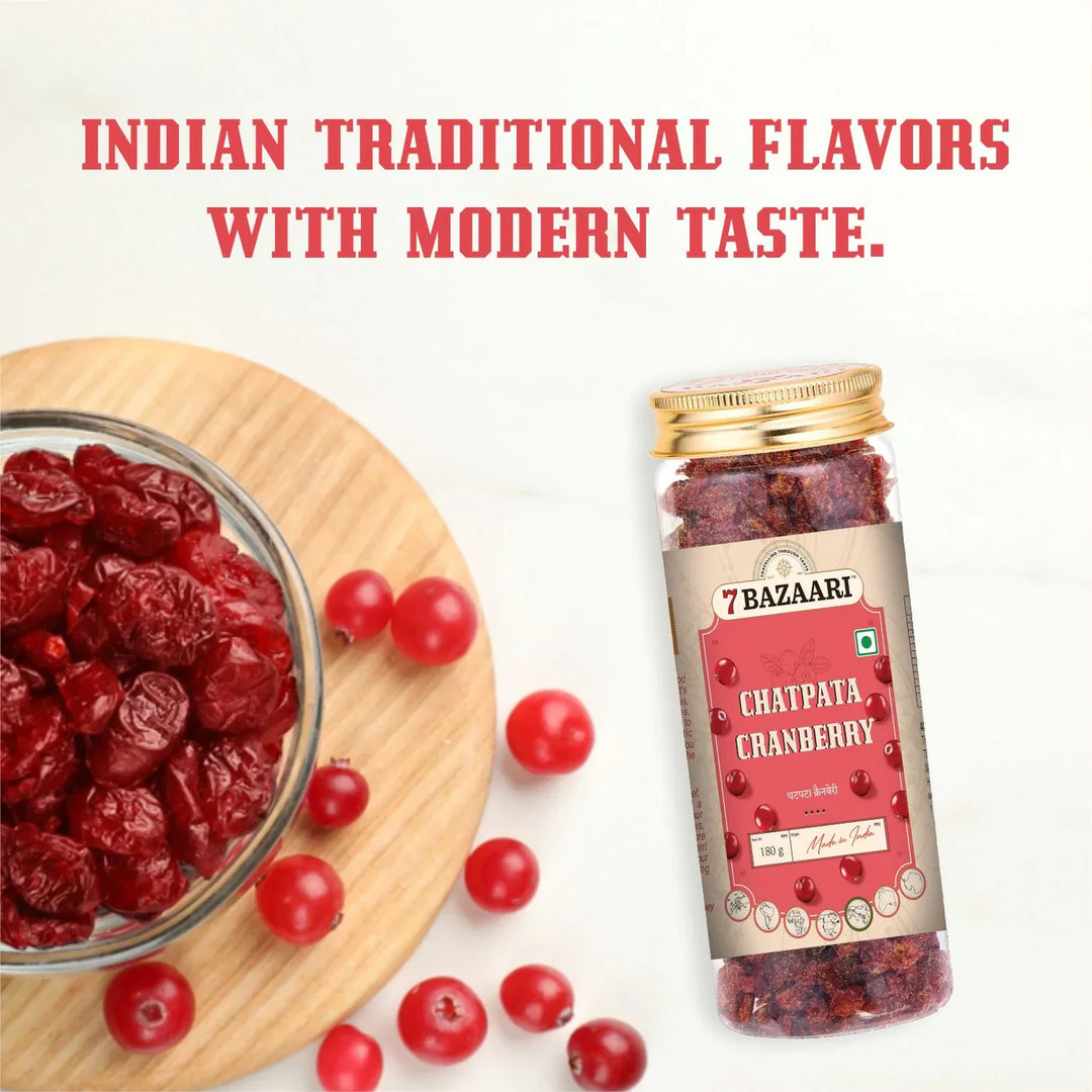 7 BAZAARI Chatpata Cranberry - Premium Spicy & Tangy Dried Cranberries with Chatpata Seasoning 180 gm