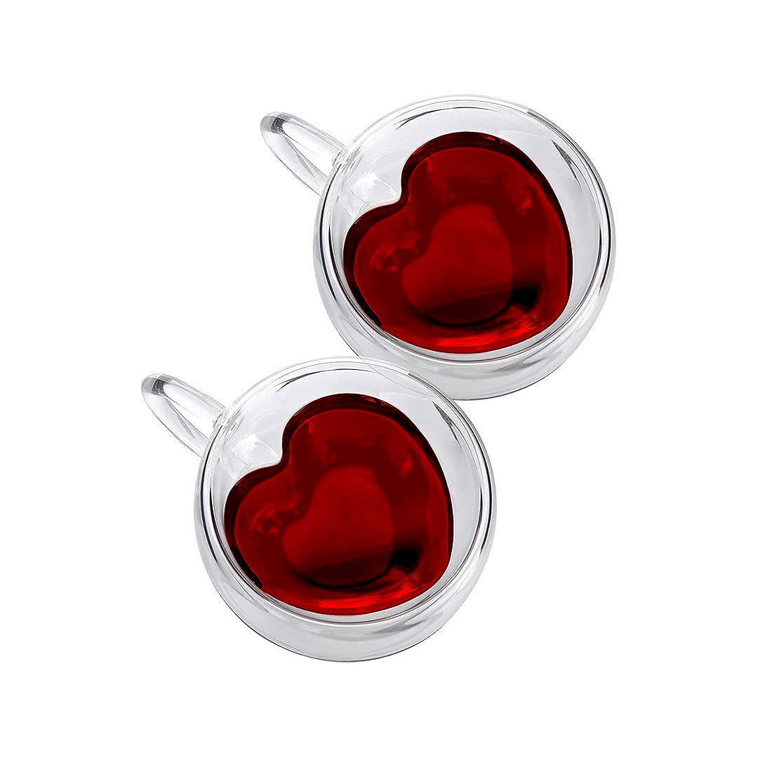 Soul Shoppr (Set of 2) Heart Shaped Double Wall Glass Coffee Mug With Handle, 250ML – Borosilicate Cup for Tea, Chai, Coffee | Romantic Valentine&