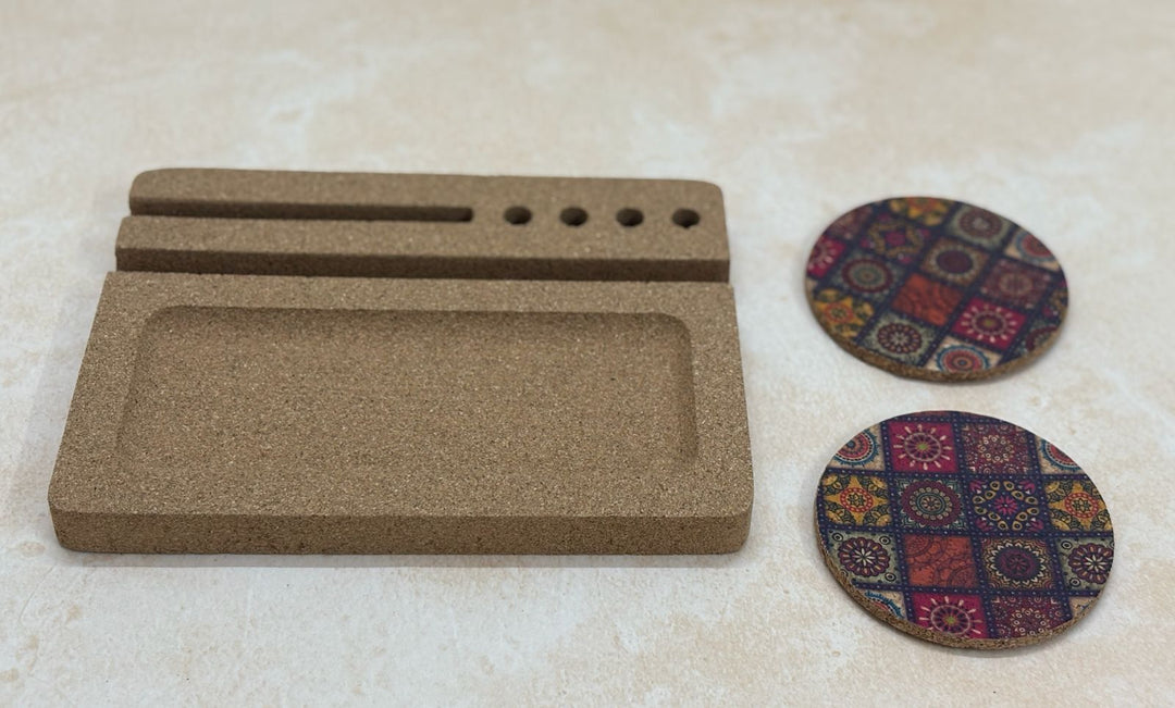 MiRa Gifting Solutions Cork Ipad Desk Organizer with Hand Printed Coasters