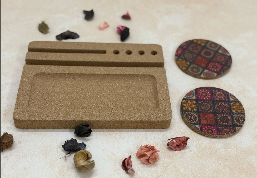MiRa Gifting Solutions Cork Ipad Desk Organizer with Hand Printed Coasters