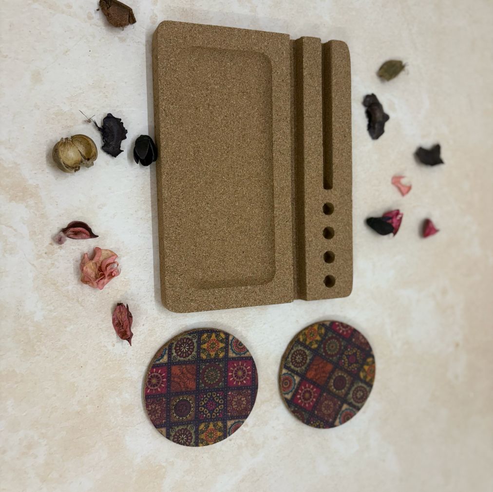 MiRa Gifting Solutions Cork Ipad Desk Organizer with Hand Printed Coasters