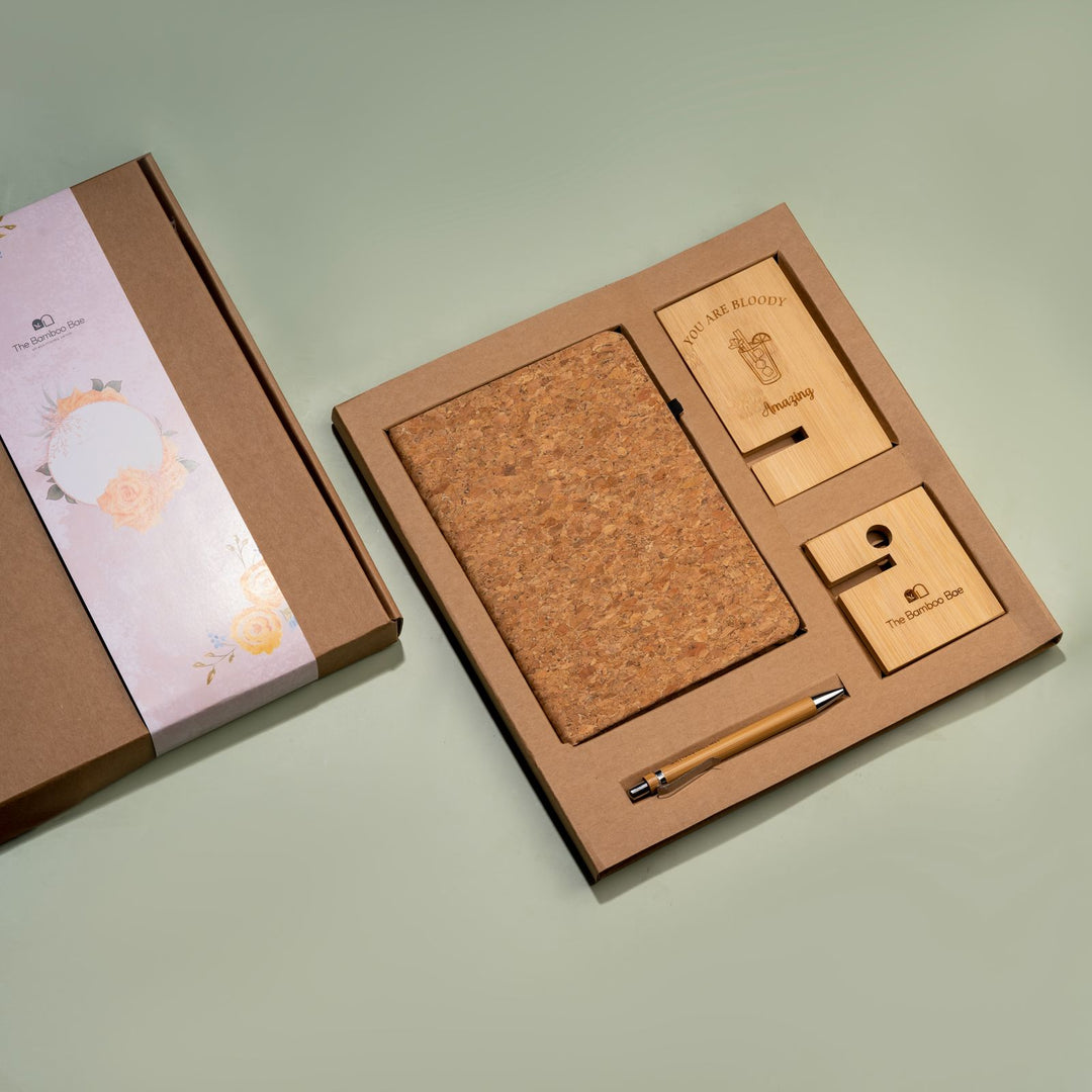 Bamboo Basics Gift Box | Sustainable Cork Diary Bamboo Mobile Stand Pen
