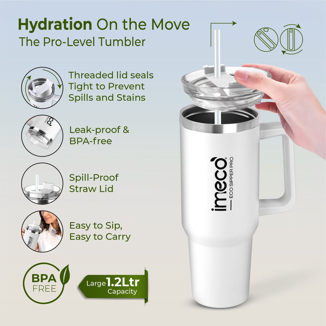 IMECO ECO-SIPPER PRO Insulated Stainless Steel Tumbler - Stylish Cup with Lid & Straw - Leak-Proof & BPA-Free - 1200 ml
