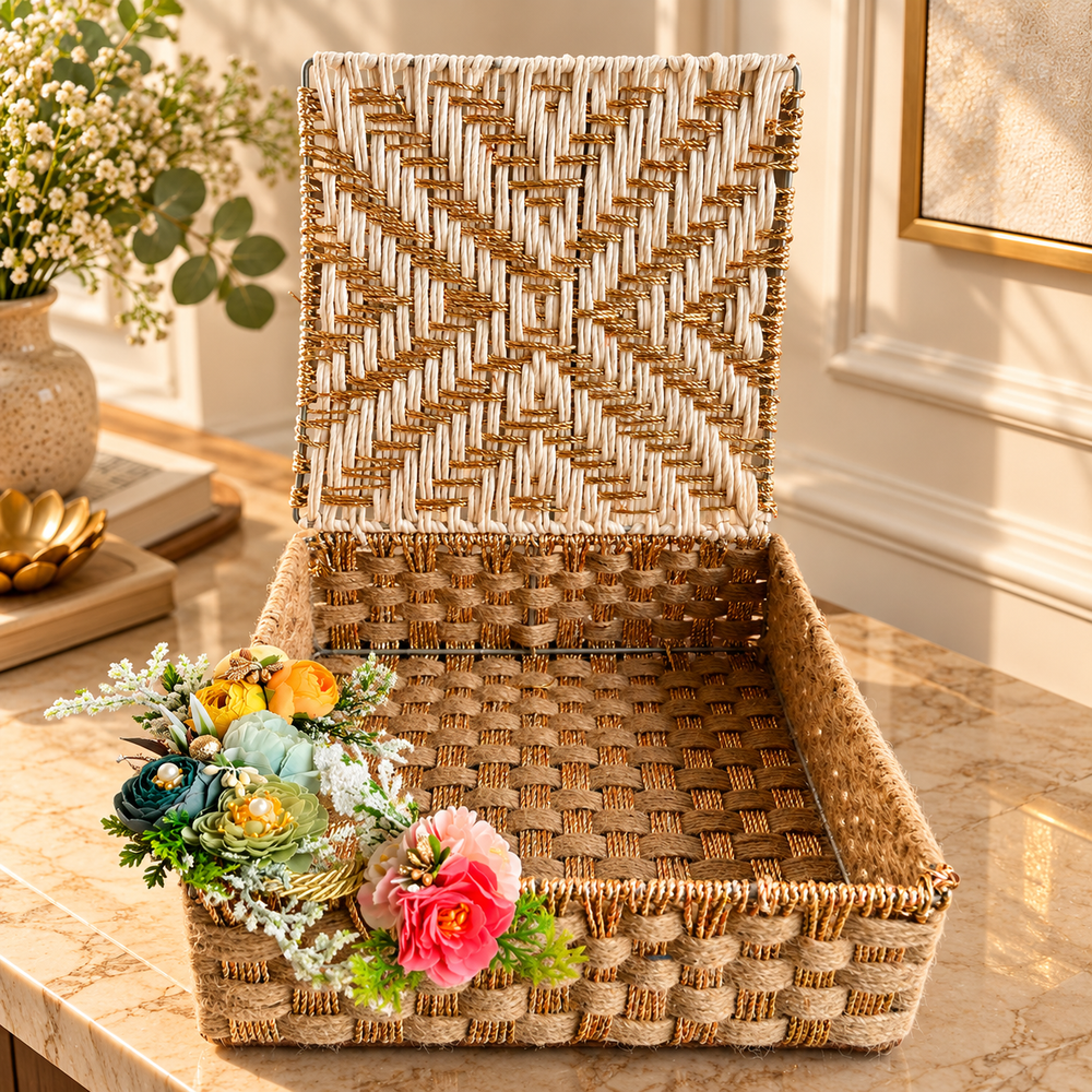 Handwoven Jute & Gold Decorative Storage Box with Lid