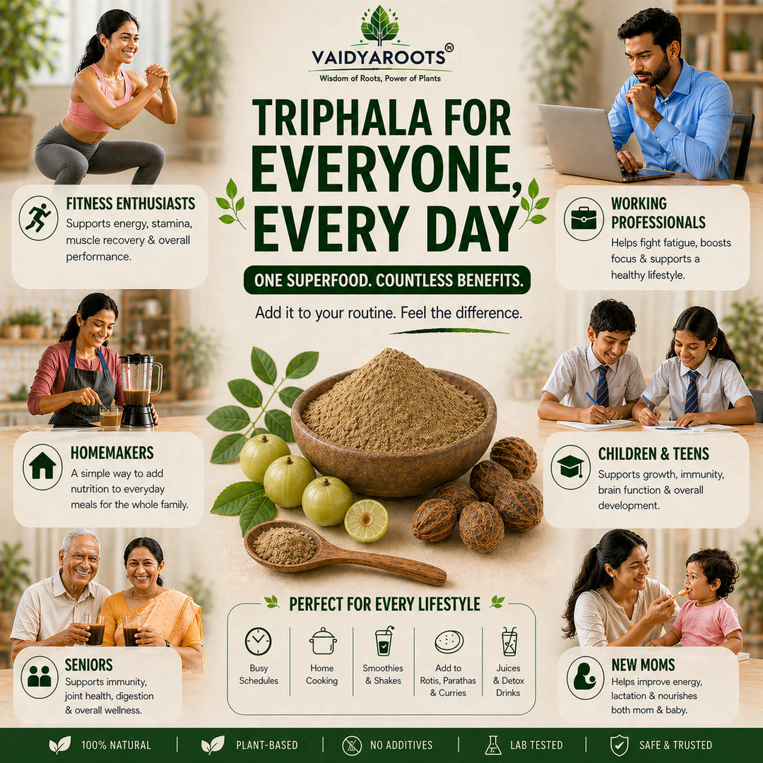 VaidyaRoots Triphala Powder | 100% Pure Ayurvedic Blend | Amla, Haritaki, Bibhitaki | Supports Digestion, Detox & Gut Health | Natural & Chemical-Free