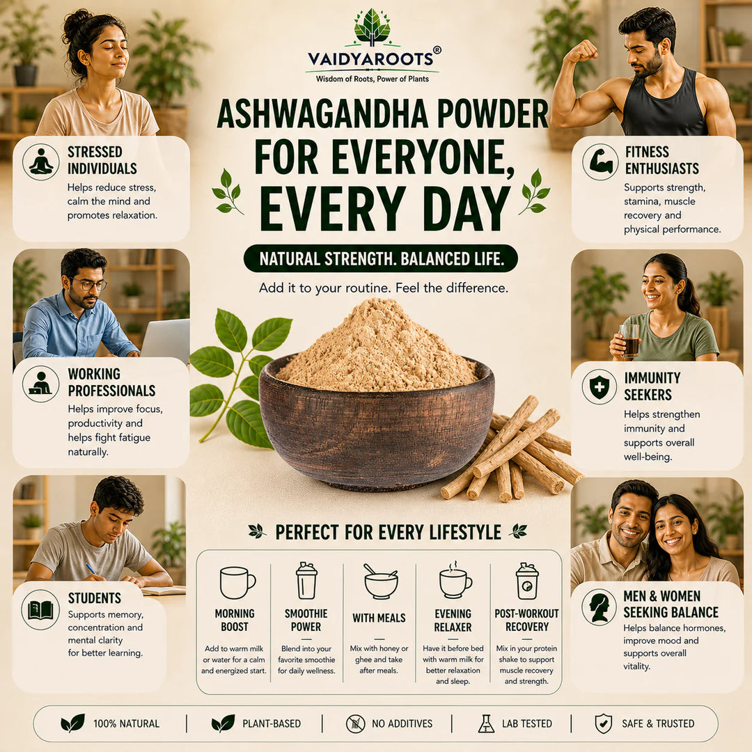 VaidyaRoots Ashwagandha Root Powder | Superfood for Stress Relief, Better Sleep & Stamina Support | Withania Somnifera | Lab Tested