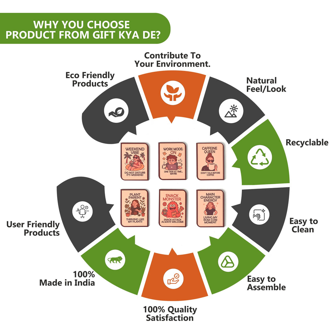 Wooden Fridge Magnet Set – Pack of 6 | Available in Bike Designs, Motivational Quotes, and Quirky Fun Characters | Aesthetic Fridge Décor - Suspire