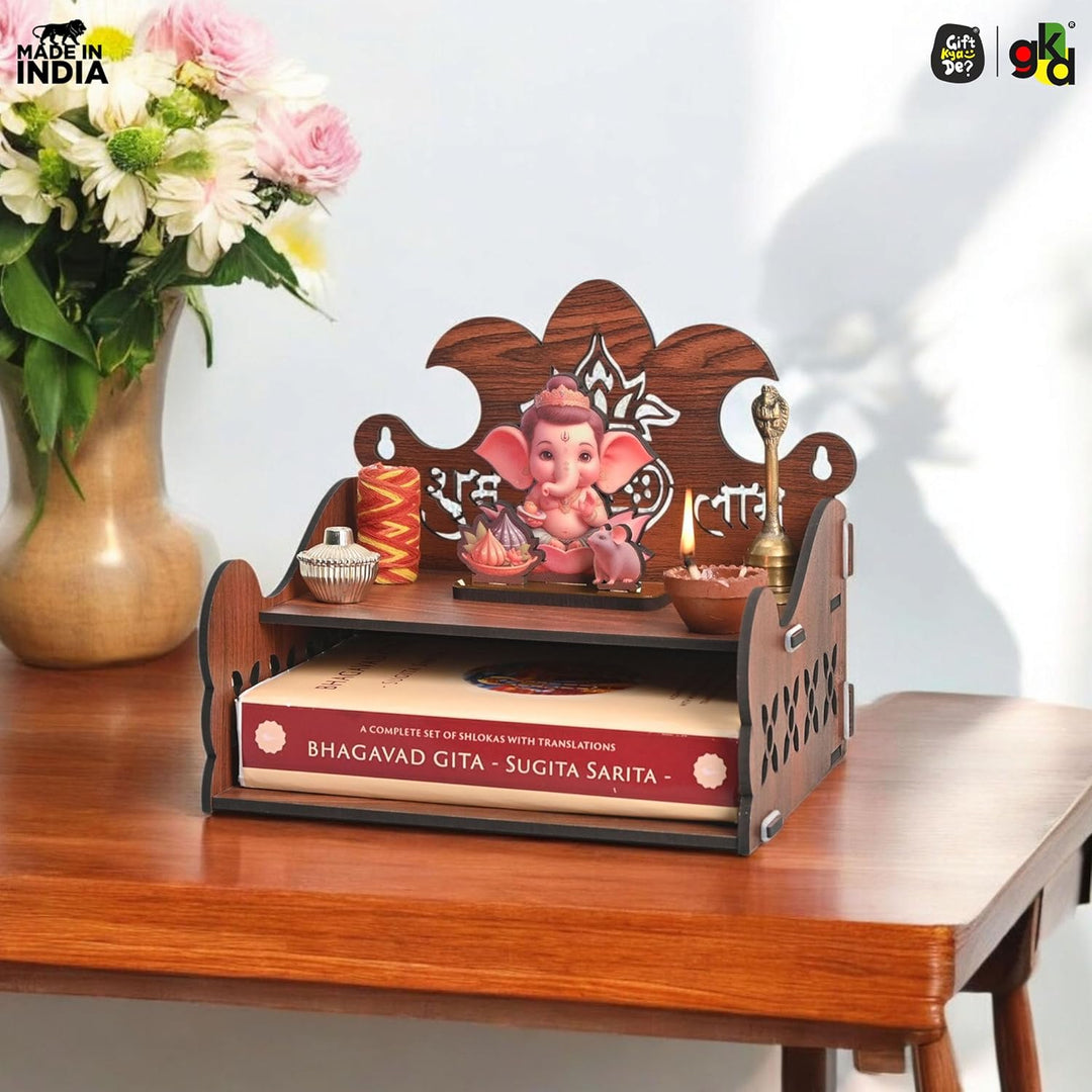 Wooden Shubh Labh Mandir With Utility Shelf | Small Pooja Temple for Table, Wall, or Shelf | DIY | 8x8x8.5 Inch - Suspire