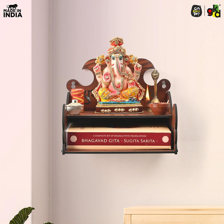 Wooden Shubh Labh Mandir With Utility Shelf | Small Pooja Temple for Table, Wall, or Shelf | DIY | 8x8x8.5 Inch - Suspire